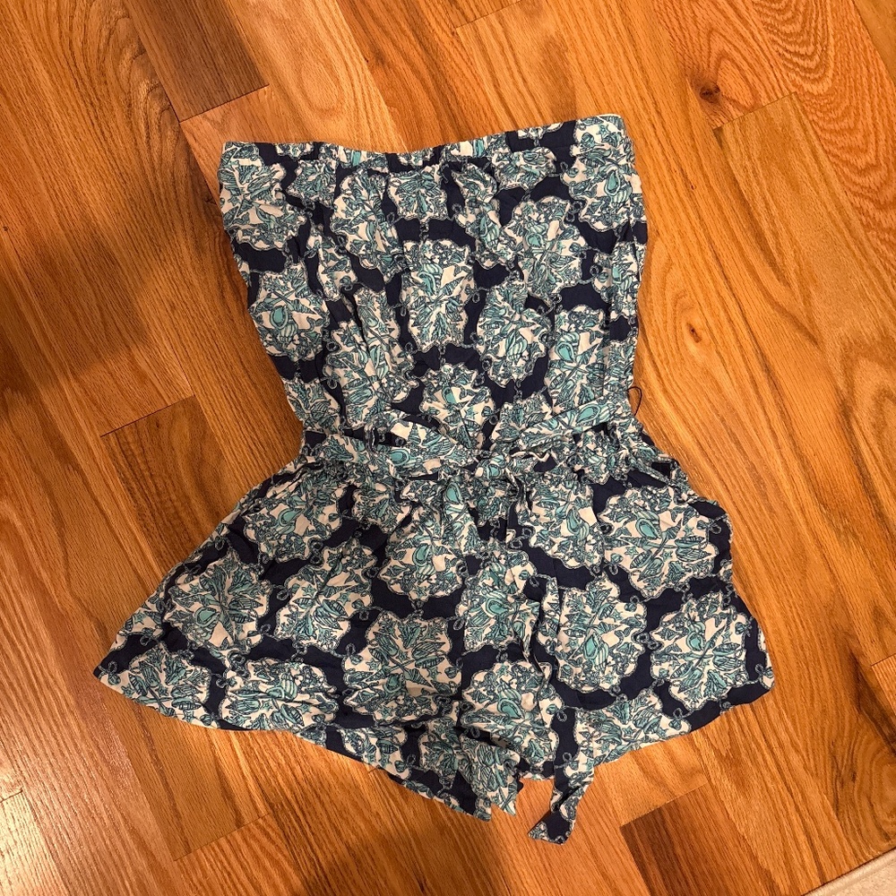 Strapless Floral Print Romper in Teal & Navy